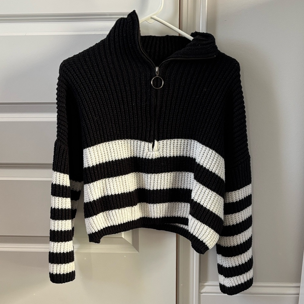 SHEIN Black and White Striped Cowl Neck Sweater